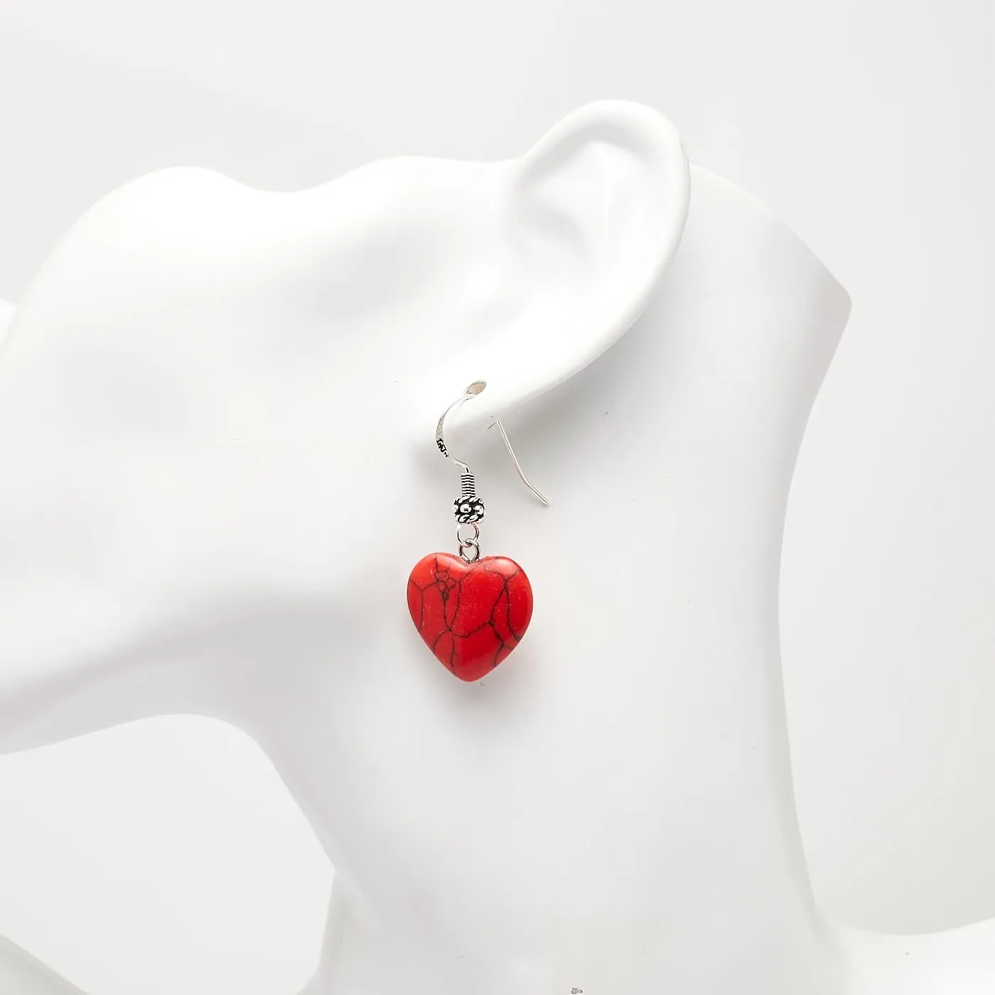 Women's Handmade Natural Red Turquoise Gemstone Heart Shape Sterling Silver Drop Earrings